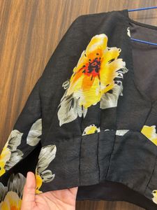 Chic Black Floral Print Blouse (Size : M)