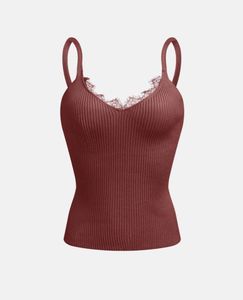Y2K Ribbed Lace Trim brown Cami Top