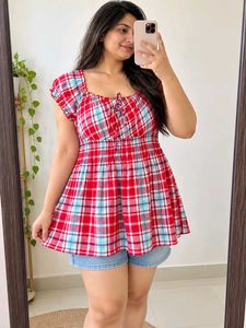 Chic Red Plaid Smocked Top Size M-L 38"-40"
