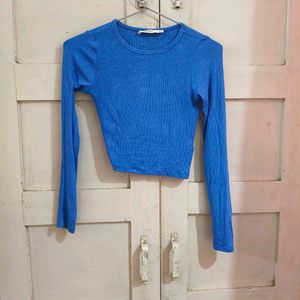 Blue Ribbed Long Sleeve Cropped Top