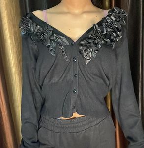 Floral Embellished Black Cardigan