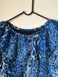 Blue Leopard Print Ruffle Top