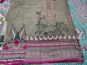 Beautiful Grey &amp; Pink Embroidered Cotton Suit
