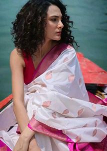 Elegant White Saree with Pink Border