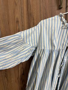 Blue &amp; White Striped Ruffle Neck Top