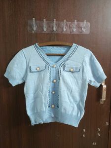 Cute Blue V-Neck Knit Korean Top