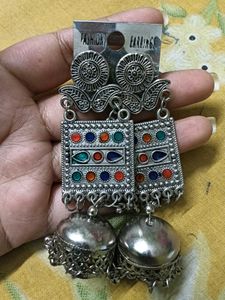 Boho Silver Jhumka Earrings