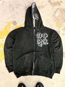 Black Graphic Print Zip-Up Hoodie