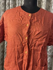 Orange Linen Blend Button-Up Top