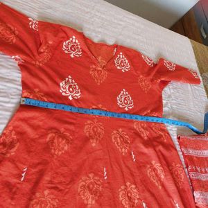 Orange Block Print Kurta Set with Dupatta