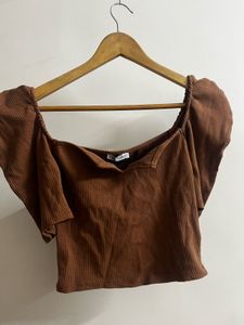 Brown Off-Shoulder Ribbed Top