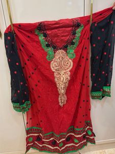 Embroidered Semi Stitched Red Kurta Set