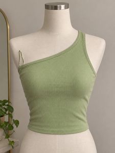 Light Green One Shoulder Ribbed Crop Top