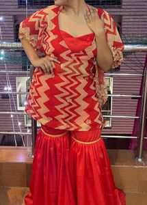 Designer Red & Beige Zigzag Kurta Set
