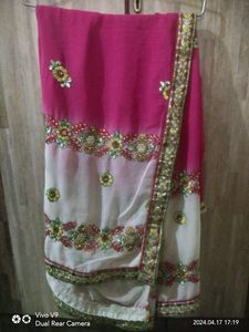 Pink &amp; White Embroidered Saree
