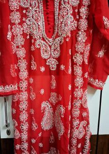 Red Chikankari Kurti Set With Sharara