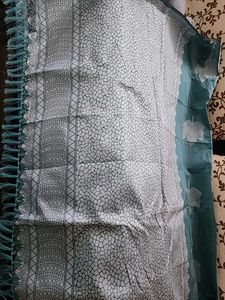 Teal Leaf Print Saree with Tassels