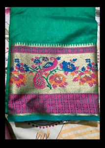 Emerald Green Sari with Floral Peacock Border