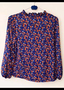 Chic Blue Floral Ruffle Neck Blouse