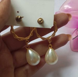 Elegant Gold Hexagon Pearl Drop Earrings