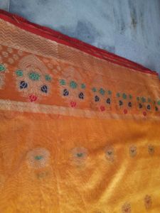Vibrant Red &amp; Gold Silk Saree. without blouse