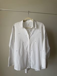 White Pearl Embellished Button-Up Shirt