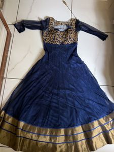 Elegant Navy Blue Gown with Gold Embellishments