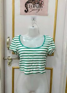 Green & White Striped Cropped Top