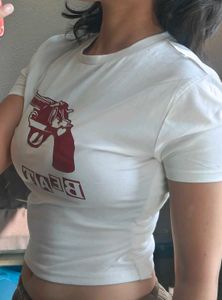 White Crop Top with Gun Graphic