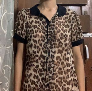 Leopard Print Sheer Button-Up Top