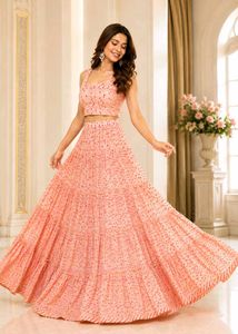 Peach Floral Tiered Lehenga Set
