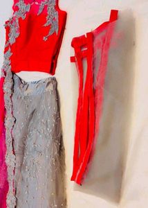 Stunning Red &amp; Grey Embellished Lehenga Choli