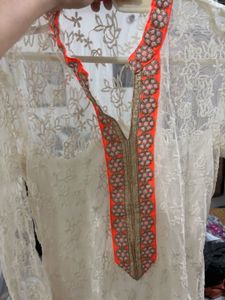 Elegant White Lace Kurta with Orange Embroidery