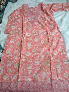 Floral Print Kurta  set with Lace Details
