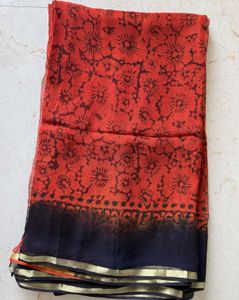Rust Orange Block Print Georgette saree