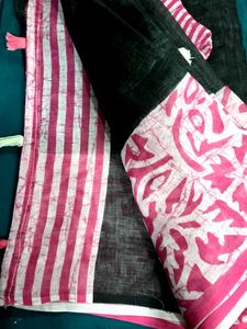 Elegant Black Saree with Pink Print