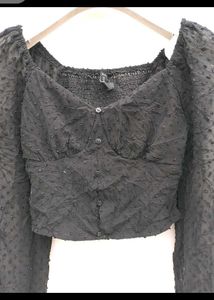 Chic Black Textured Puff Sleeve Top