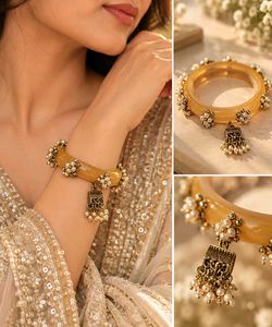 Elegant Yellow Bangle with Pearl Tassels