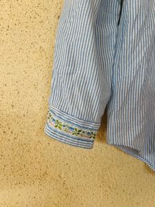 Striped Button-Up Shirt with Floral Embroidery