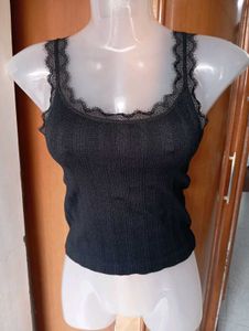Black Ribbed Lace Trim Crop Top