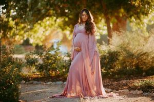 Flowing Dusty Rose Bell Sleeves Maternity Dress
