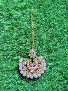 Elegant Pink &amp; Gold Maang Tikka and Earrings Set