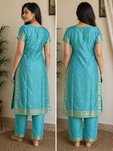 Beautiful Teal Kurta Set with Gold Print