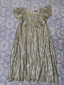 Metallic Pleated Dress with Ruffle Sleeves