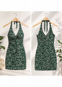 Green Floral Halter Neck Dress
