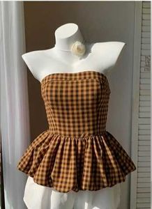 Gingham Ruffle brown Peplum Top