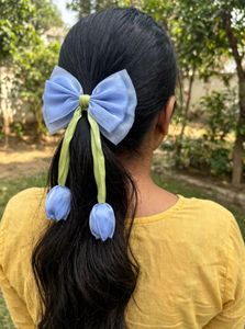 💙🌷 SHEER BLUE &amp; SAGE GREEN FLORAL TULIP BOW HAIR