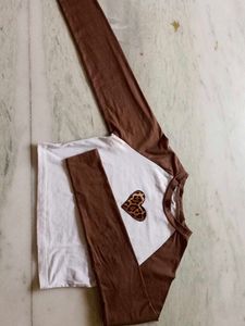 Brown & White Long Sleeve Top with Heart Patch