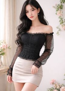 Off-Shoulder Ruffled Black Mesh Top