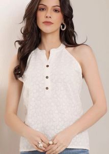 Chic White Embroidered Sleeveless Kurta Top